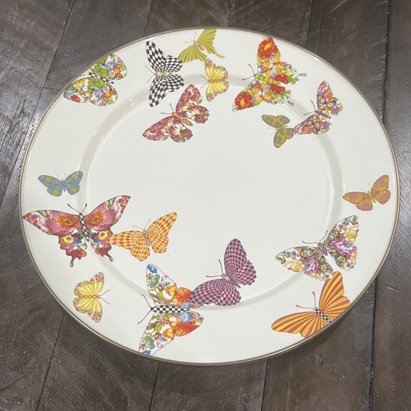 MacKenzie-Childs Other - Mackenzie Childs Enamel‎ on Metal Butterfly Garden White Charger Plate 12" Rare